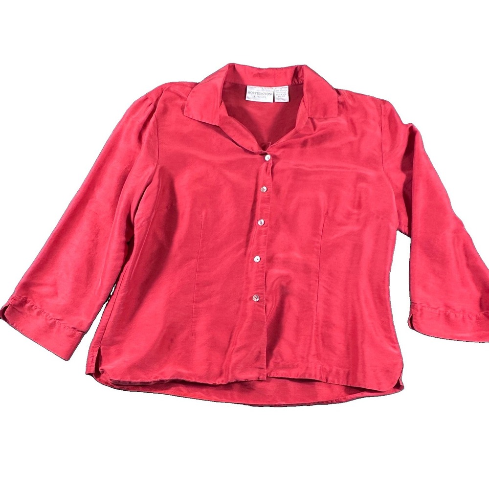 Worthington Women Top 12 Long Sleeve Button Up 100% Silk 90s Y2K Mother Of Pearl
